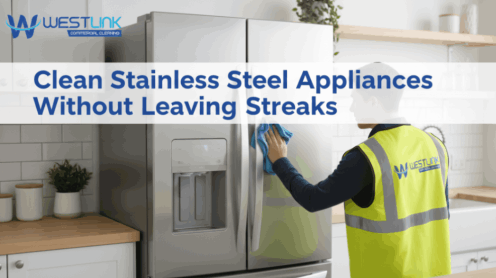 Person wiping a modern stainless steel appliance to achieve a streak-free shine.