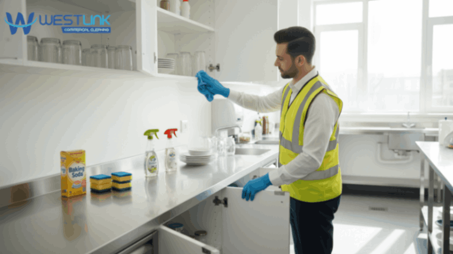 Worker cleaning open commercial kitchen cabinets in a bright, organized kitchen.