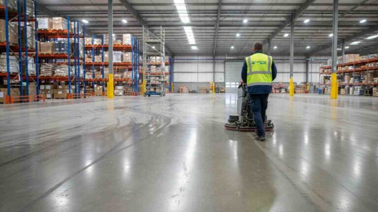 Warehouse cleaning in Sydney for distribution centres and storage facilities, including floors, racking areas, loading docks, and high-reach elevated areas
