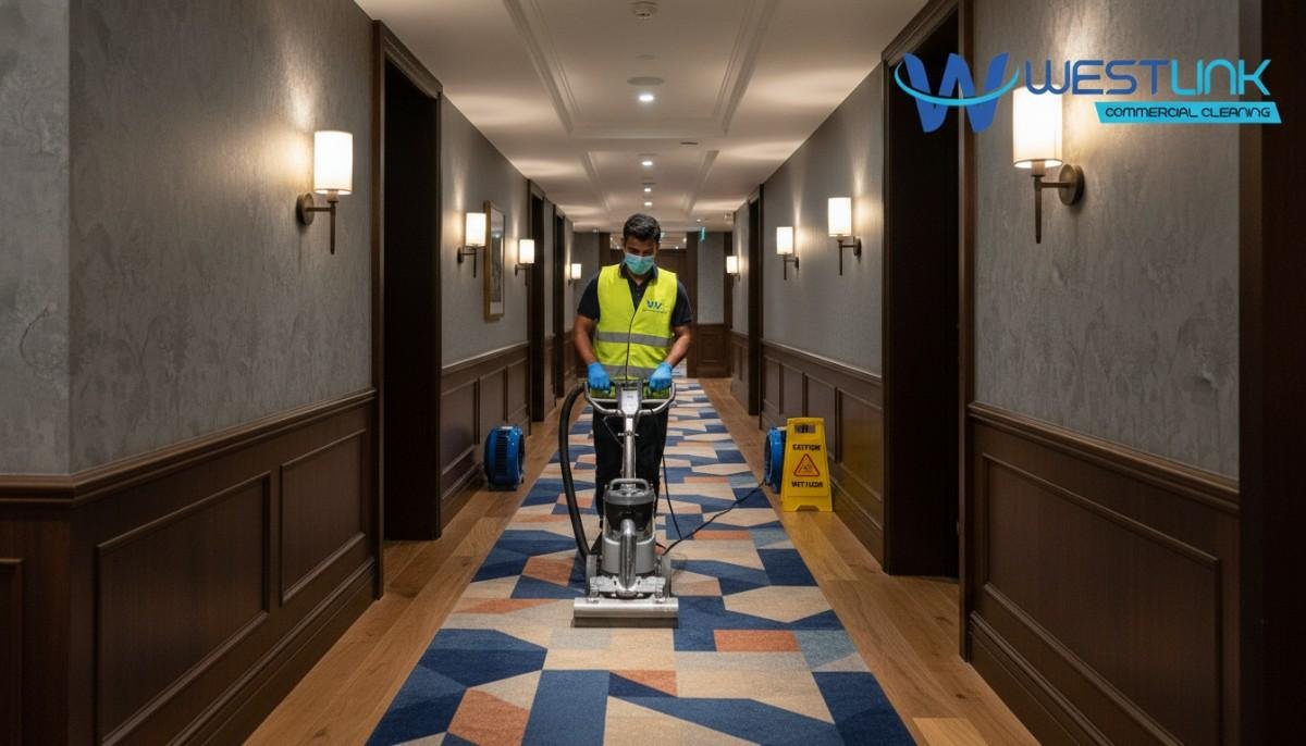 Hotel corridor carpet sanitising and deodorising in Sydney CBD NSW with air movers by Westlink Commercial Cleaner.