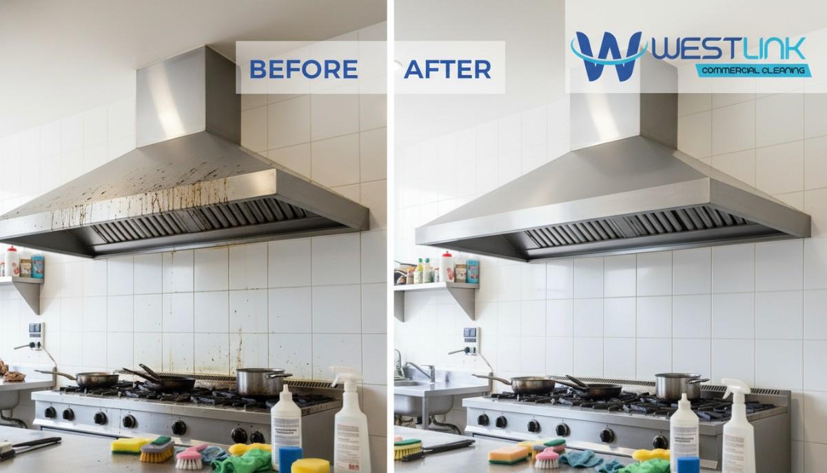 Split-view image of pre- and post-cleaning of a range hood in a Parramatta cafe kitchen