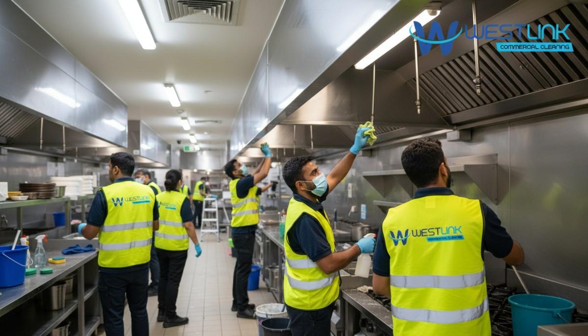 Team using green cleaning methods on a commercial range hood in Chatswood food court kitchen.