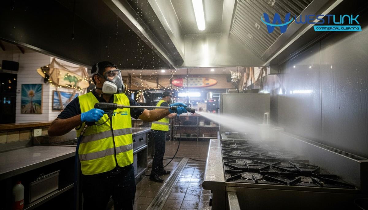 Wide shot of power-washing a range hood at night in a Manly pub kitchen