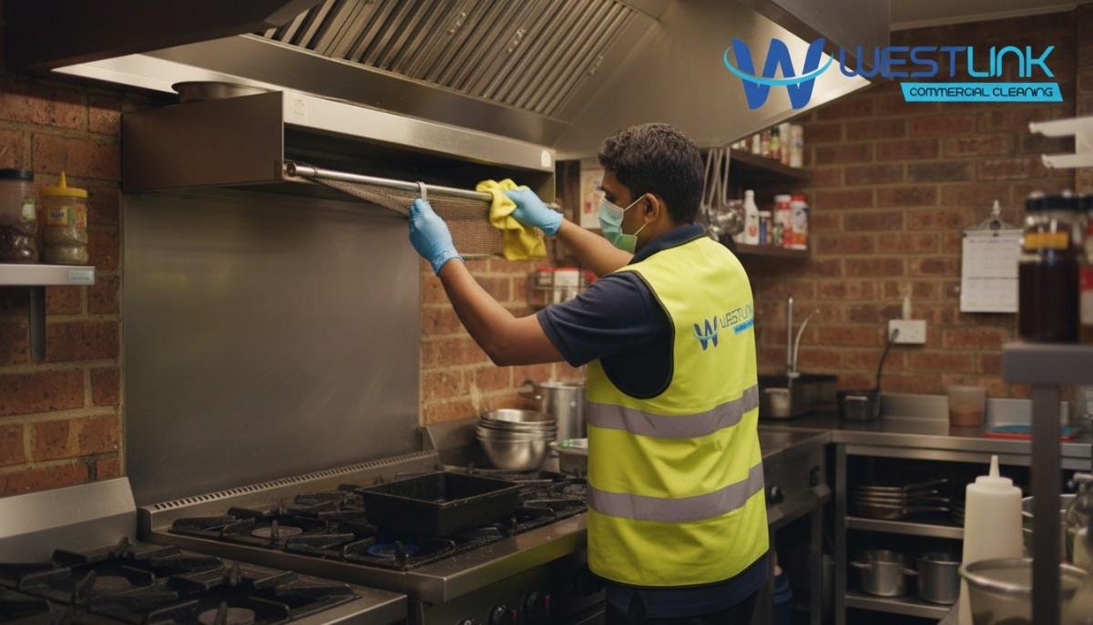 Cleaner removing a grease filter and wiping the hood lip and rails in a Surry Hills cafe kitchen.