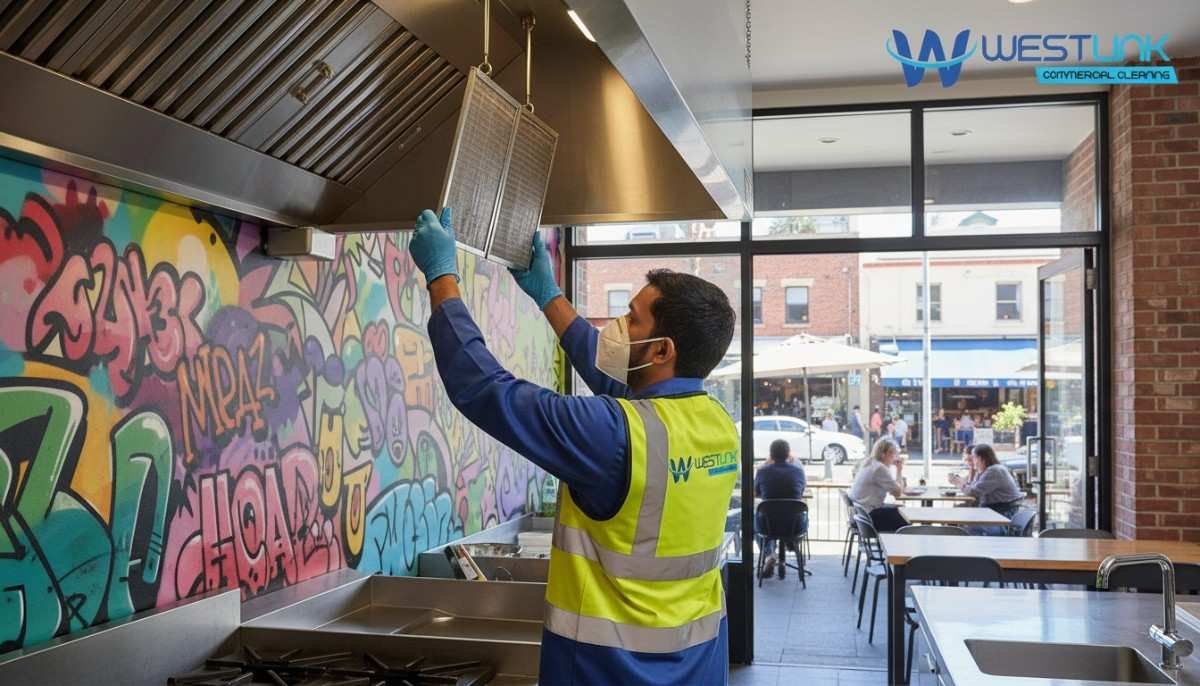 Person reinstalling dried grease filters into a kitchen hood in a stylish Surry Hills cafe-inspired kitchen, with city street views.