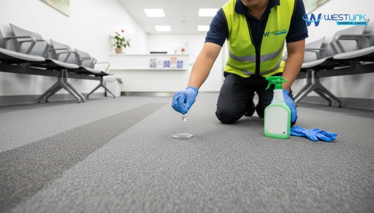 Parramatta clinic waiting area with a technician showing water beading on protected carpet fibres.