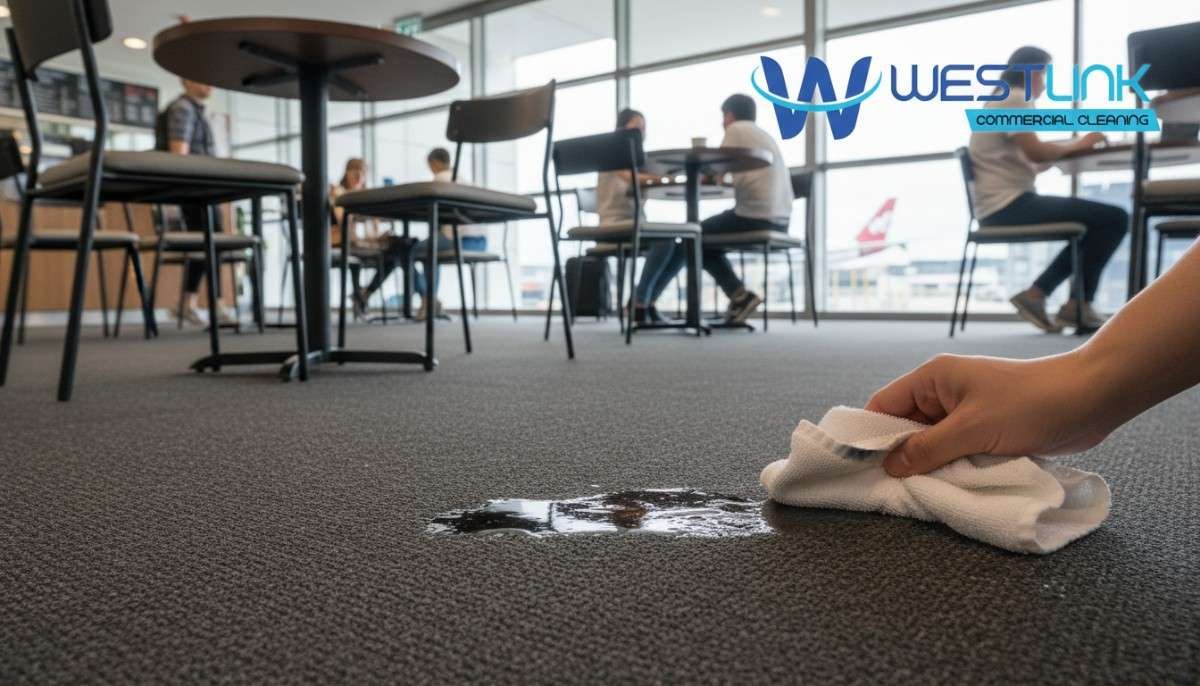 Mascot Sydney commercial cafe carpet with a coffee spill being blotted on protected fibres.