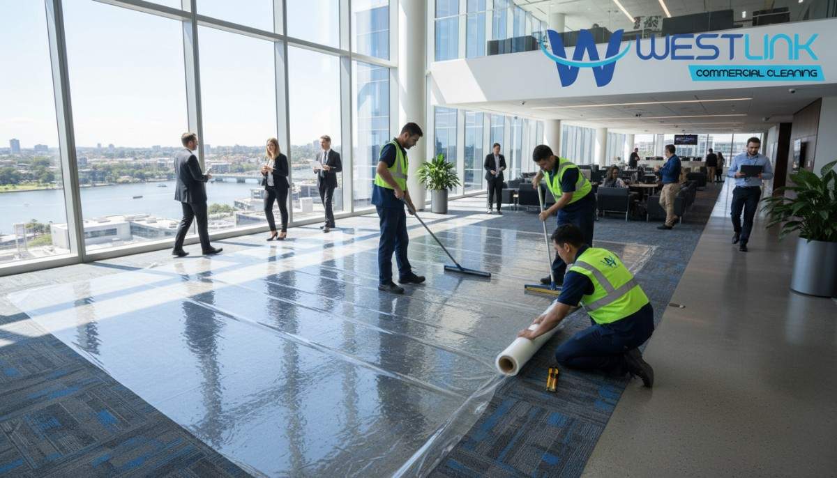 Workers applying transparent eco-friendly carpet protection film in a modern office lobby in Parramatta, Sydney.