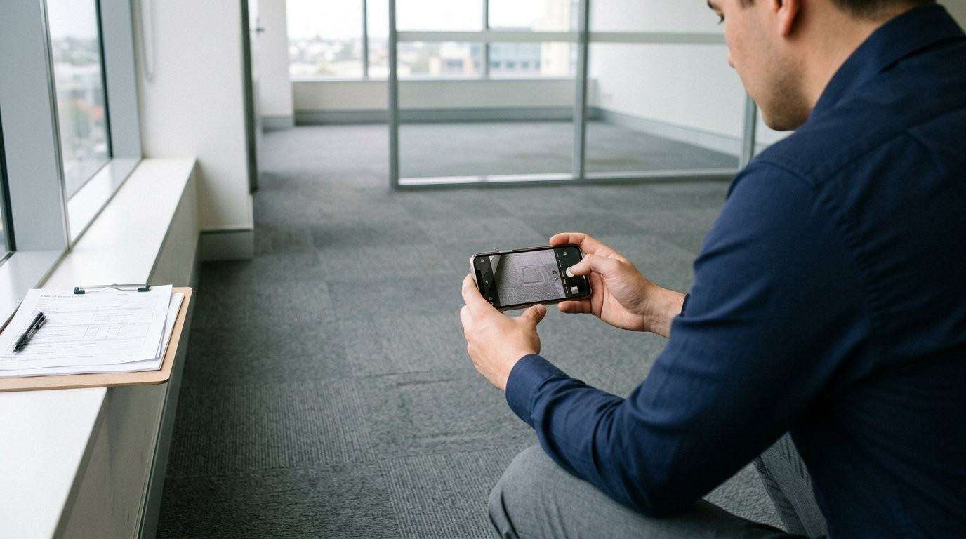 Person photographing a cleaned office carpet with a smartphone, with a clipboard of paperwork nearby.