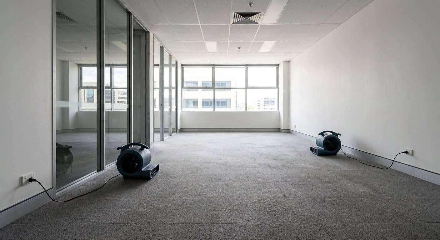 Two floor air movers positioned across freshly cleaned carpet in an empty commercial office.