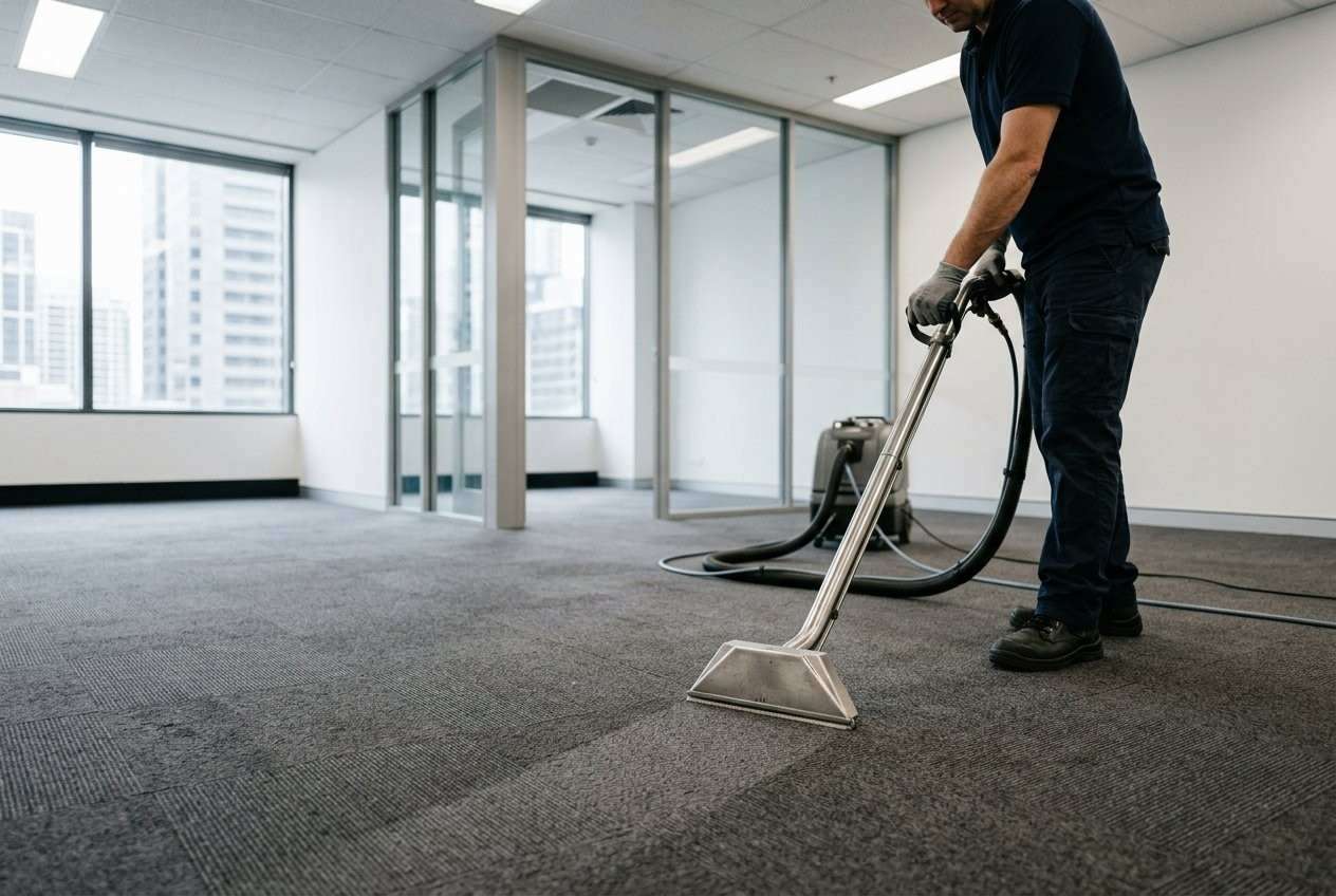 Technician using an extraction wand to clean grey carpet tiles in a vacant commercial office.