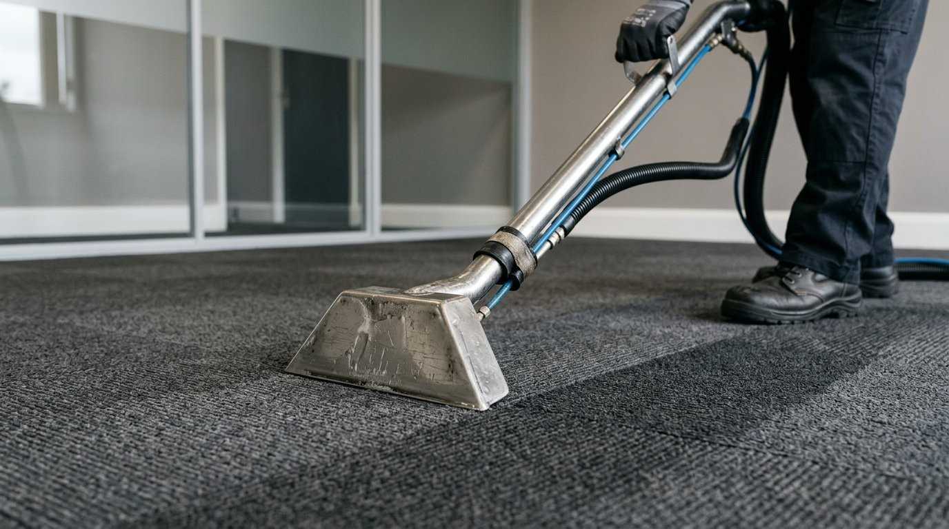 Close-up of a stainless-steel extraction head resting against low-pile commercial carpet.
