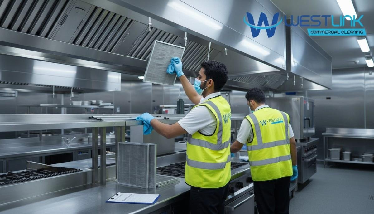 Staff member reinstalls a dry, cleaned baffle filter into a commercial range hood in a Syndey hotel kitchen.