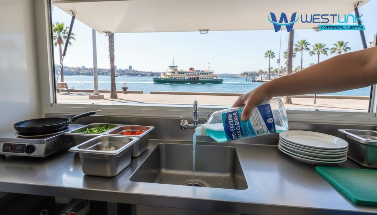 Instructional image of using enzymatic cleaners on a sink drain in a food truck in Manly, Sydney.