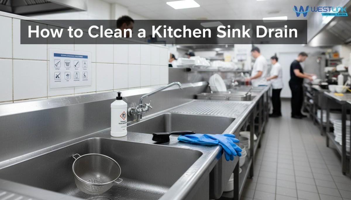 Commercial kitchen dish pit with stainless sink drain, strainer basket, drain brush, and enzyme maintainer