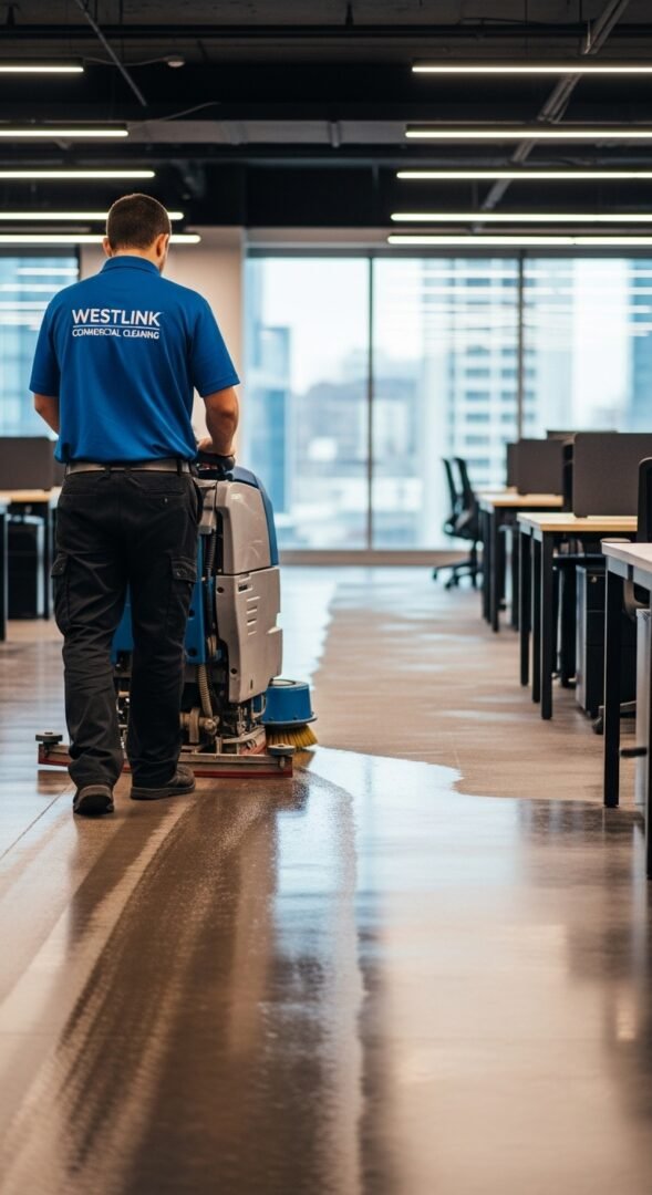 Westlink Commercial Cleaning professional operating a floor machine on a concrete office floor