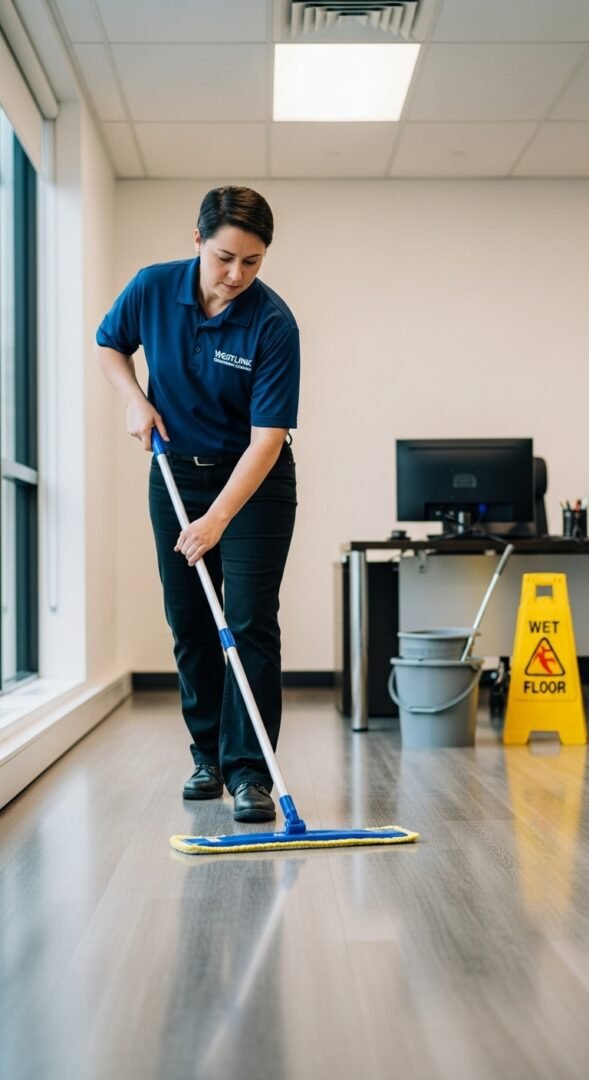 Westlink Commercial Cleaning: A commercial cleaner using a mop on laminate flooring in an office