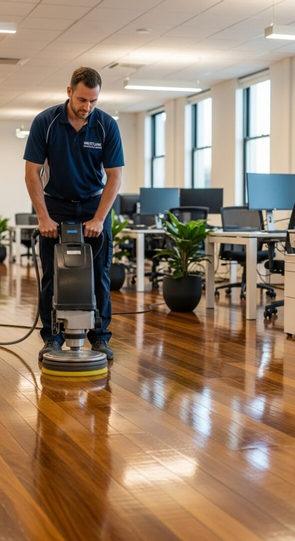 Westlink Commercial Cleaning: expert cleaning and polishing timber floor in an office with a floor machine