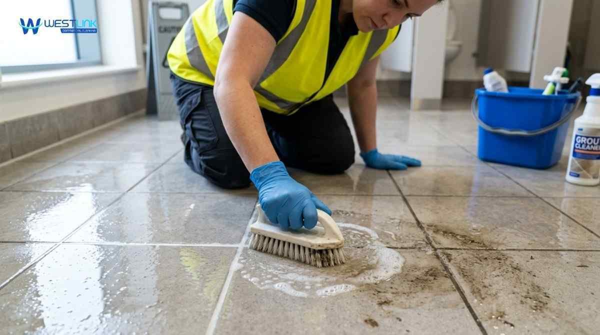 Person cleaning grout lines on tile floor using brush and solution to restore shine and remove dirt