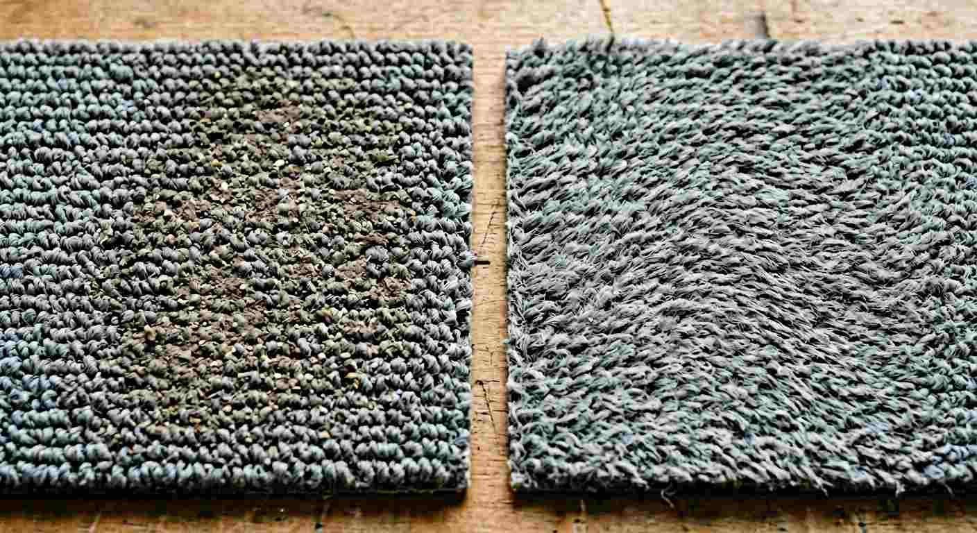 Carpet tile sample with dense backing beside a broadloom sample resting on separate underlay.