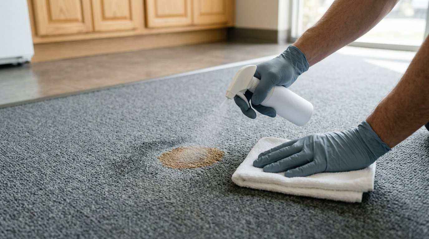 Gloved technician applying spot treatment to a small brown stain on grey carpet near an office kitchenette.