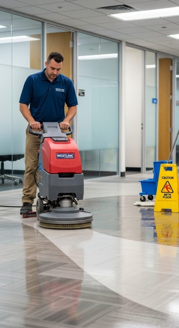 Westlink Commercial Cleaning Cleaner scrubbing vinyl office flooring with a floor machine