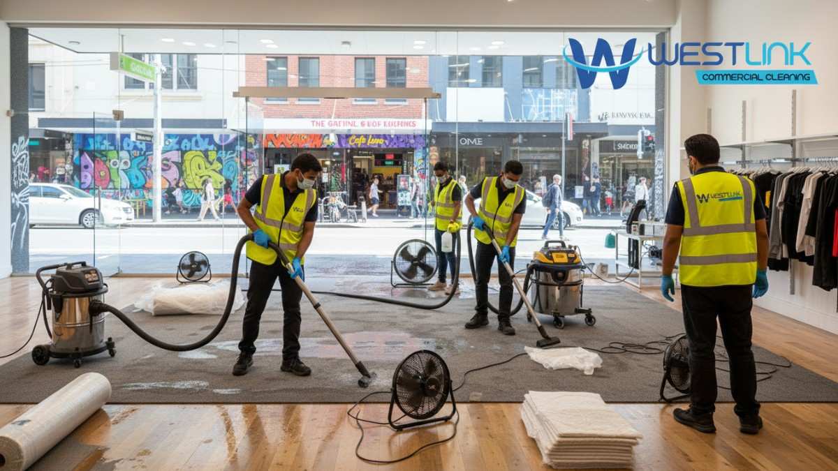 Technicians sanitizing and drying flooded carpets in a Surry Hills retail shop with specialized equipment.