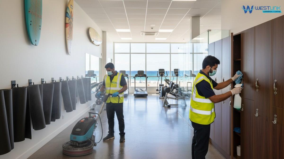 Cleaners working on gym facilities in a commercial gym in Bondi, Sydney, NSW, Australia.