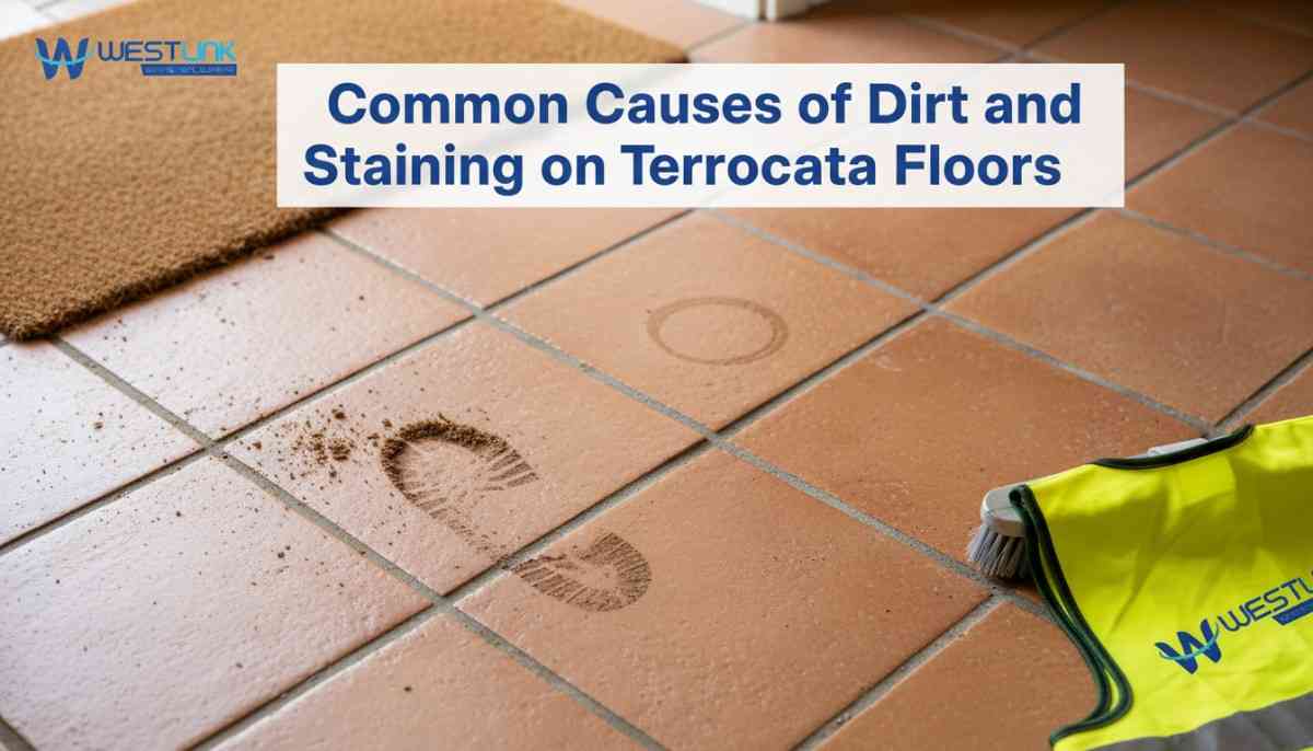 Close-up of terracotta tiles with visible stains, dirt buildup, and footprints in natural light