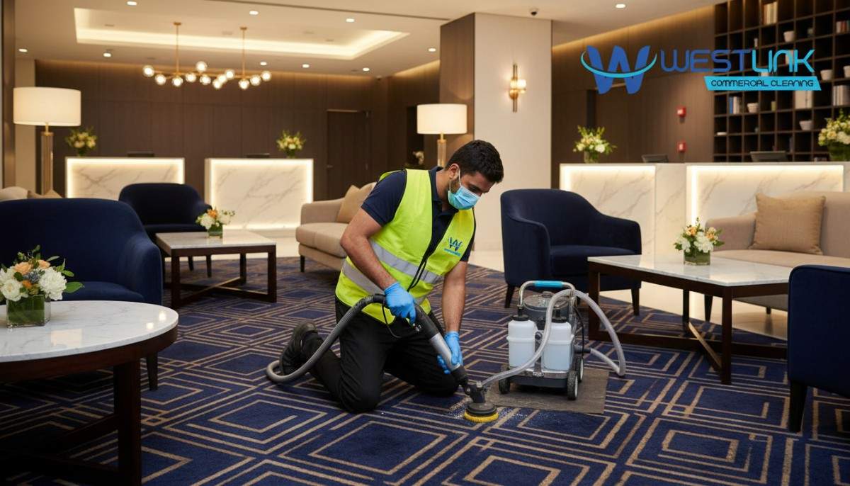 Professional carpet spot cleaning in a Surry Hills hotel lobby.
