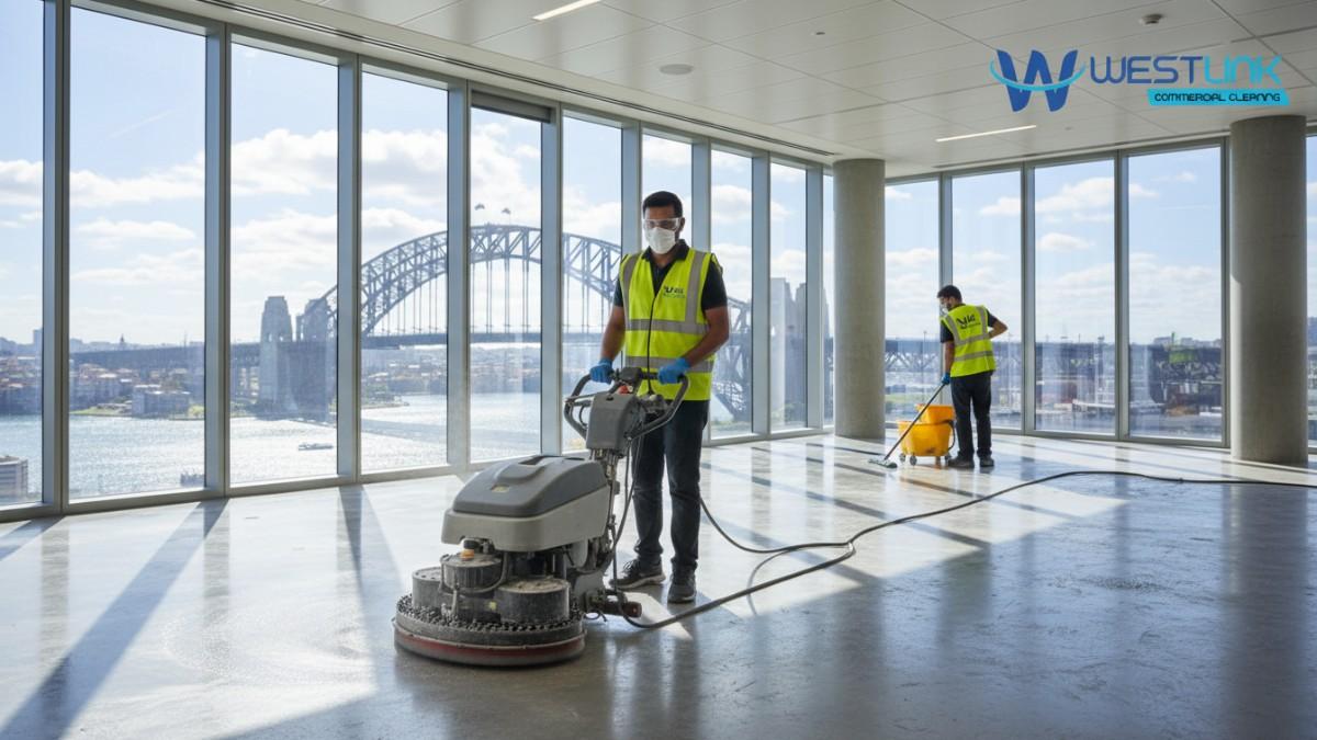 Cleaning crew polishing cement floor in a Sydney office with Harbour Bridge view.