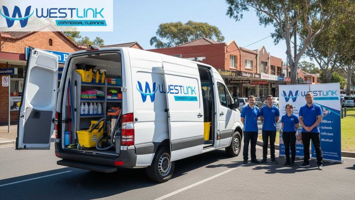Exterior view of a white cleaning van with Westlink Commercial Cleaning, parked in front of a promotional stand in Bankstown, NSW, Australia, with cleaning supplies visible inside the open doors, urban street background,