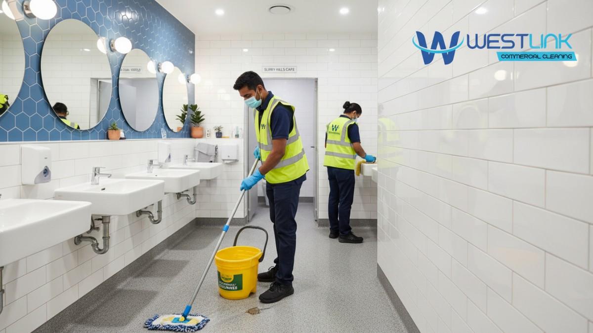 Janitor mopping vinyl floors in a restaurant bathroom, Surry Hills, Sydney.