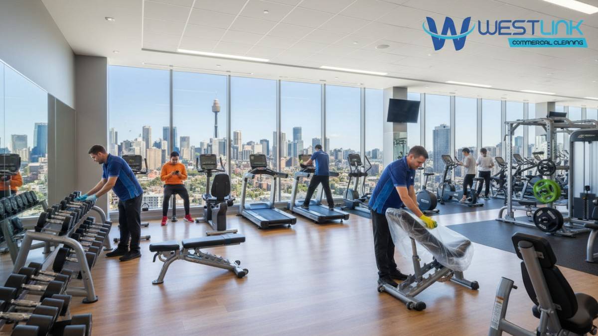 Interior view of a modern gym in Sydney CBD, NSW, Australia, with weights and machines neatly arranged, staff removing clutter.