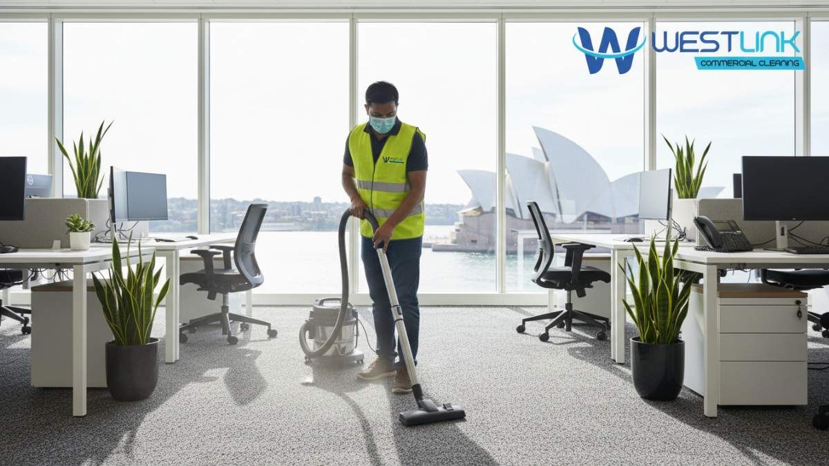 Cleaner vacuuming carpet in a professional office setting with Sydney Opera House faintly visible in the background.