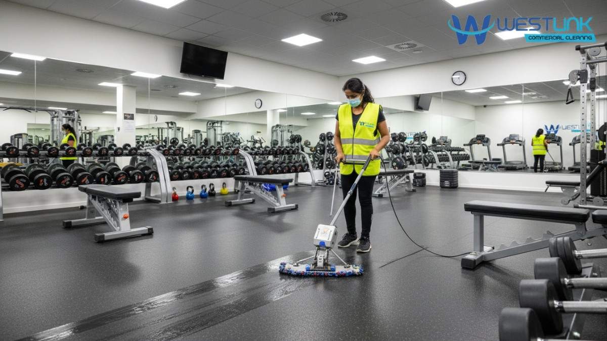 Cleaner mopping and shining gym flooring in a fitness studio in Haymarket NSW 2000, Australia.