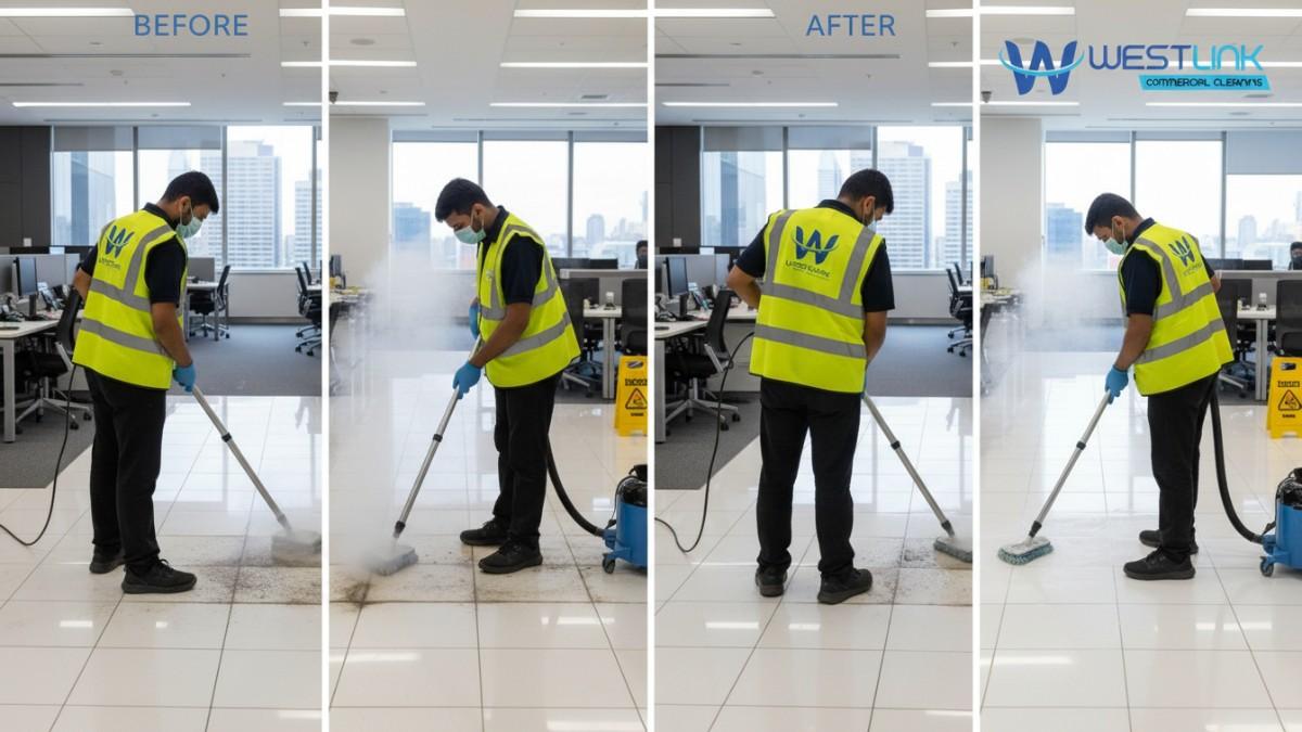 Workers performing tile and grout cleaning in a contemporary office space in Parramatta, Sydney.