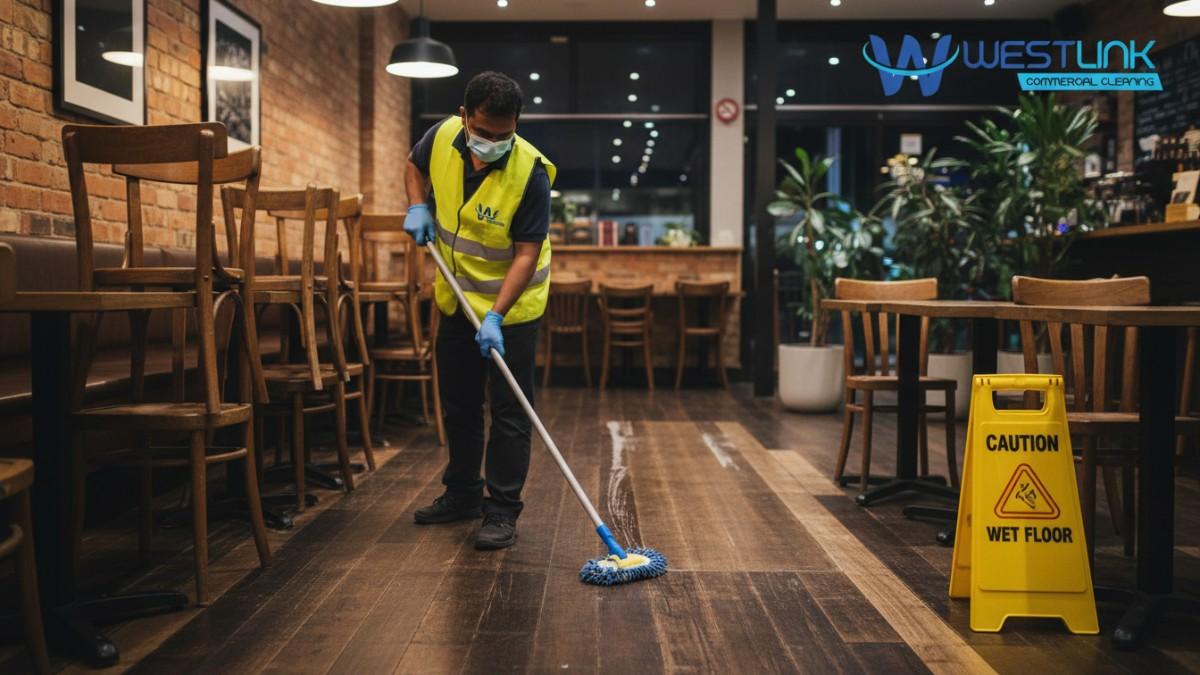Cleaner removing wax build-up from a hardwood floor in a Surry Hills cafe dining area after hours, with chairs stacked.