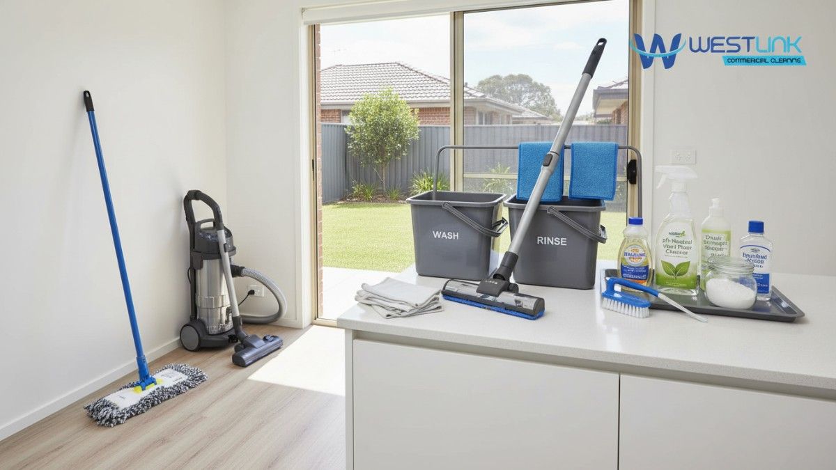Commercial cleaning kit with wash and rinse buckets, flat mop, vacuum, microfiber cloths, and cleaning solutions on a countertop (Westlink Commercial Cleaning).