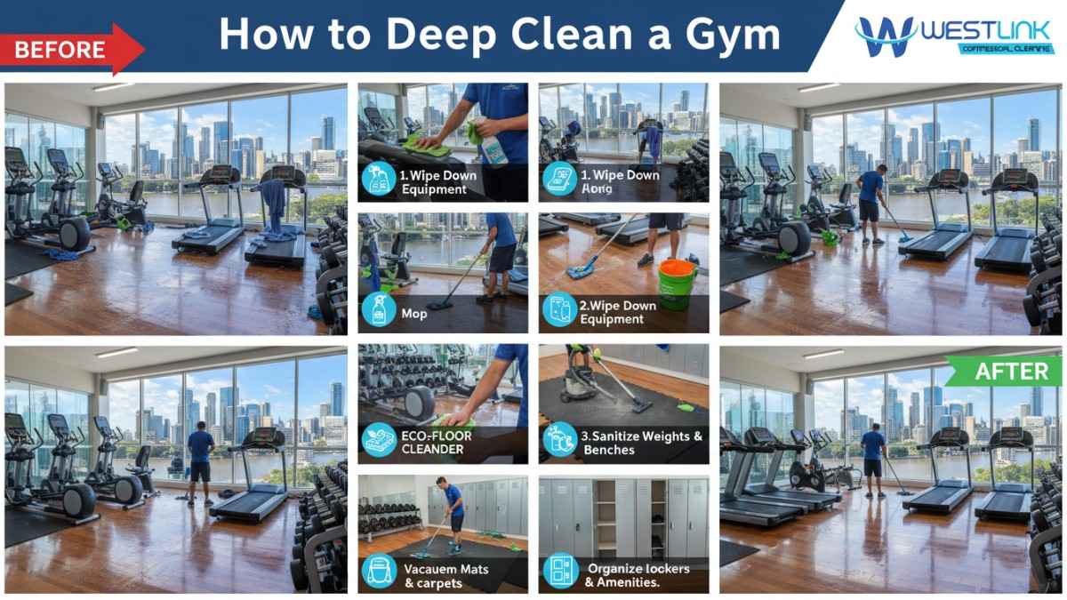 : Instructional collage on cleaning a commercial gym in Brisbane, Queensland, Australia, showing before-and-after stages with equipment sanitization, floor mopping, and Brisbane river views.