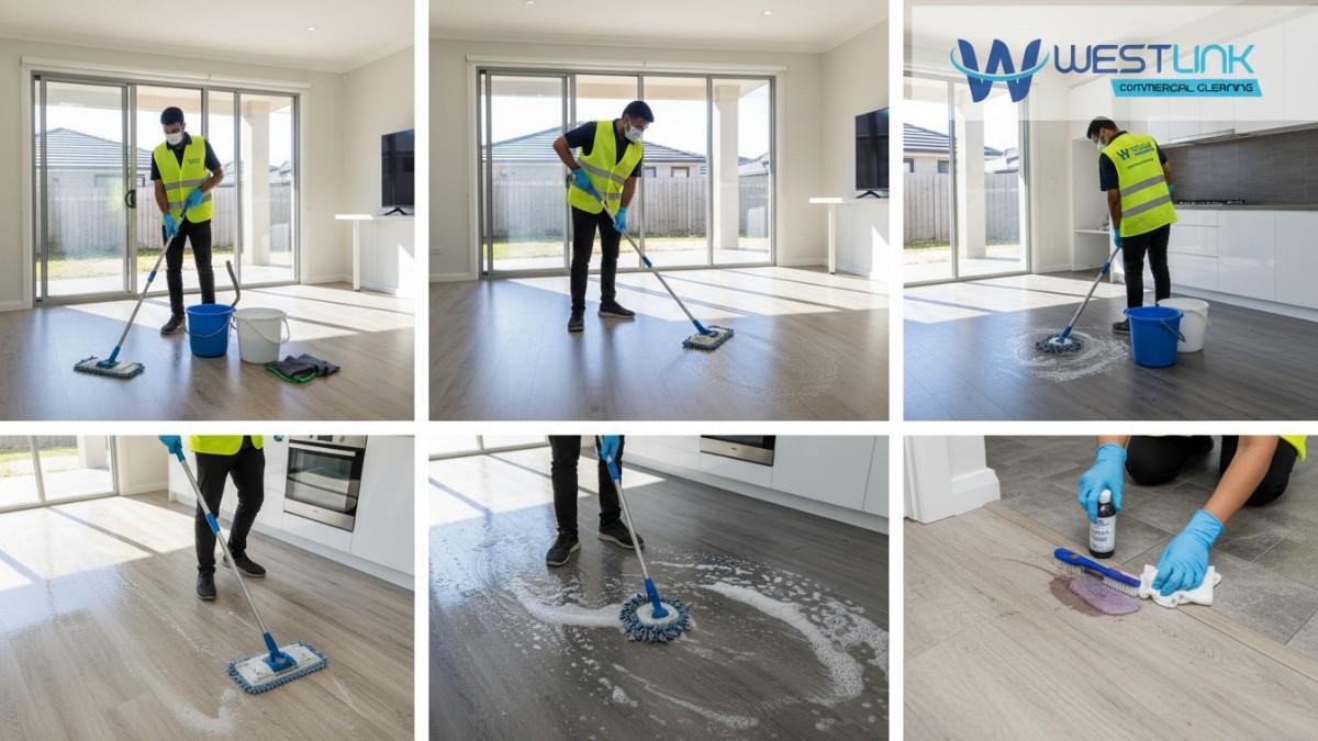 Cleaner in hi-vis vest using a flat mop and scrub brush with wash and rinse buckets to deep clean hard floors, shown in a step-by-step photo collage.