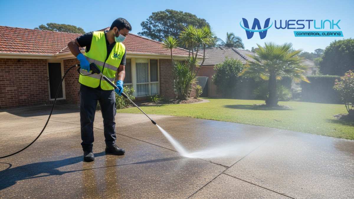 Professional high-pressure cleaning of a concrete driveway in Bondi, Sydney, showing before-and-after results.