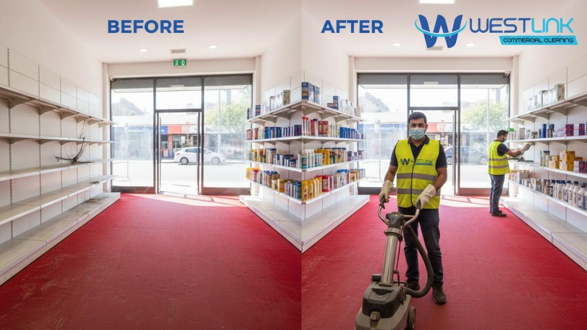 A clean retail shop interior in Parramatta, Sydney, with red carpets shining after cleaning, product shelves, and glass windows.