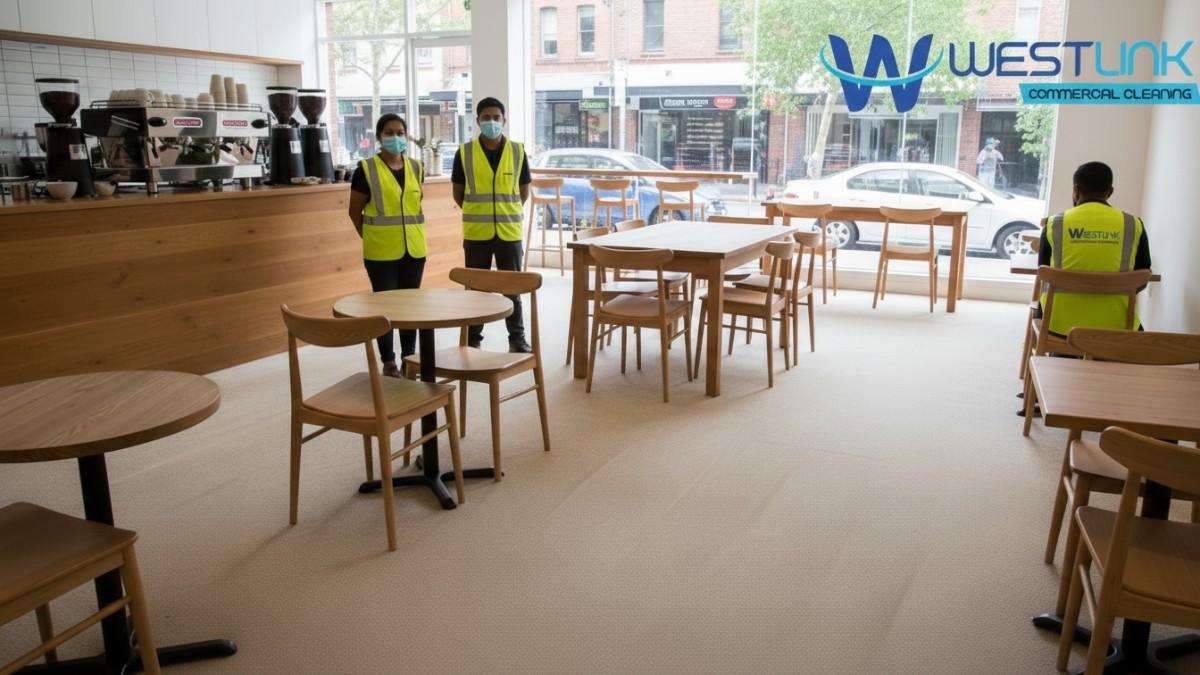 A cozy cafe in Surry Hills, Sydney, with beige carpets freshly cleaned, tables set up, and city views.
