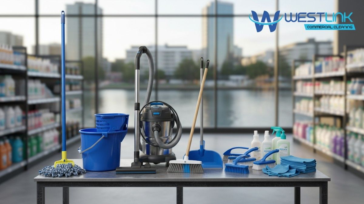 Realistic photo of floor cleaning essentials like mop, vacuum, and brushes on a workbench in a Parramatta, NSW.