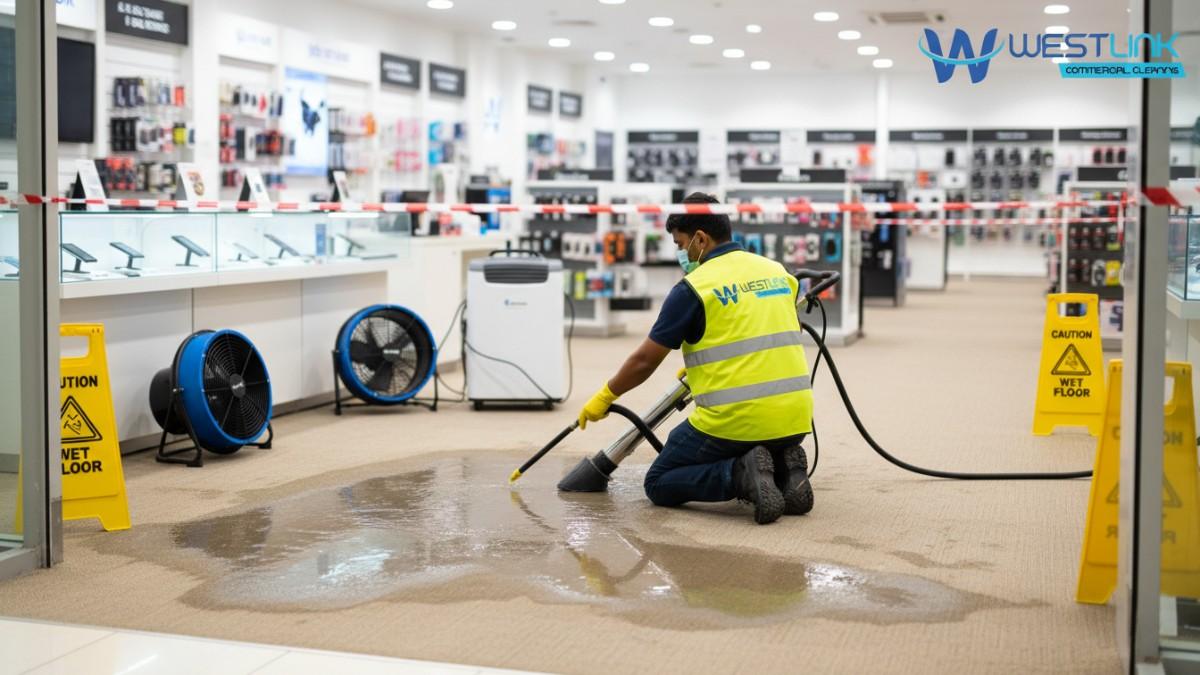 Flood restoration in a Chatswood retail showroom with extraction equipment, safety barriers.