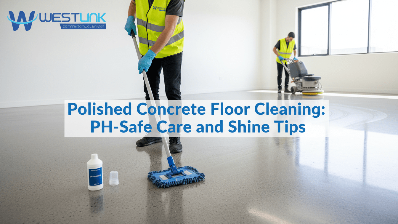 Person mopping a polished concrete floor with pH-neutral cleaner while another buffs for shine.