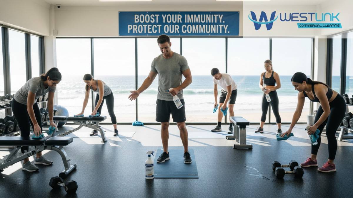 Gym instructor spraying disinfectant on mats in Bondi Sydney gym with beach view, hygiene importanc.