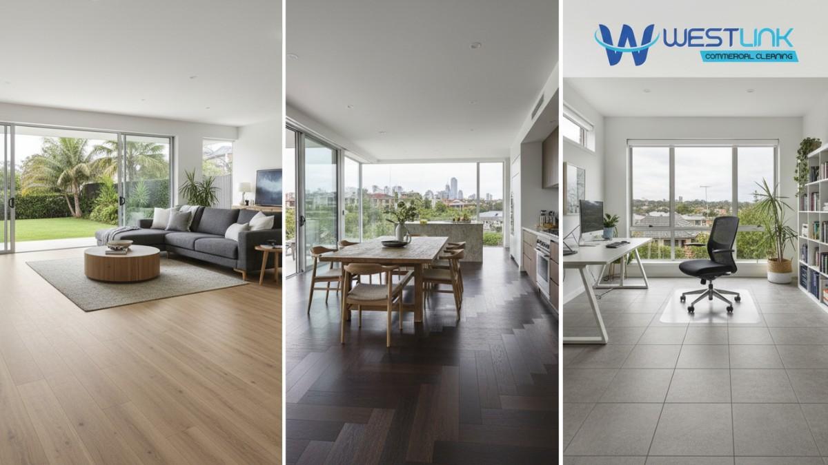 A concise description for accessibility, e.g., "Sheet vinyl flooring installed in a Sydney suburban home