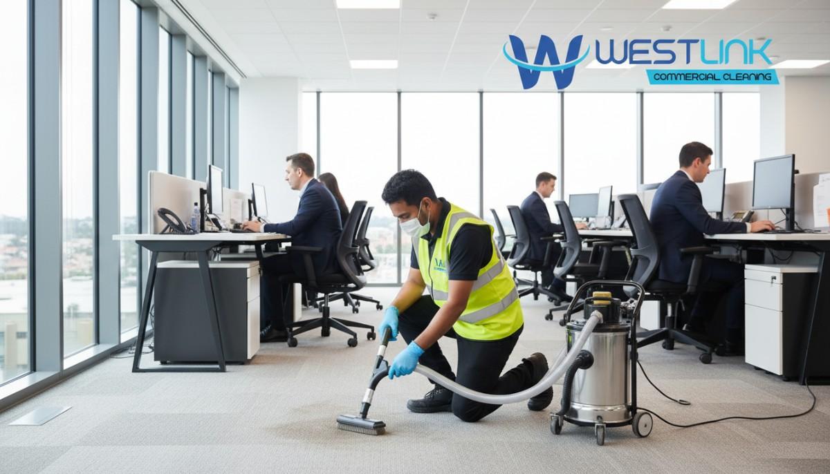 A technician performing carpet spot cleaning in an office in Parramatta, Sydney.